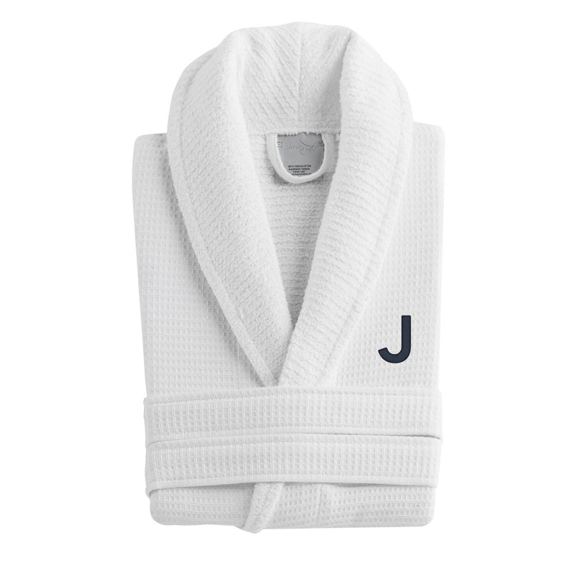 Peignoir monogrammé gaufré en coton turc, J, Blanc