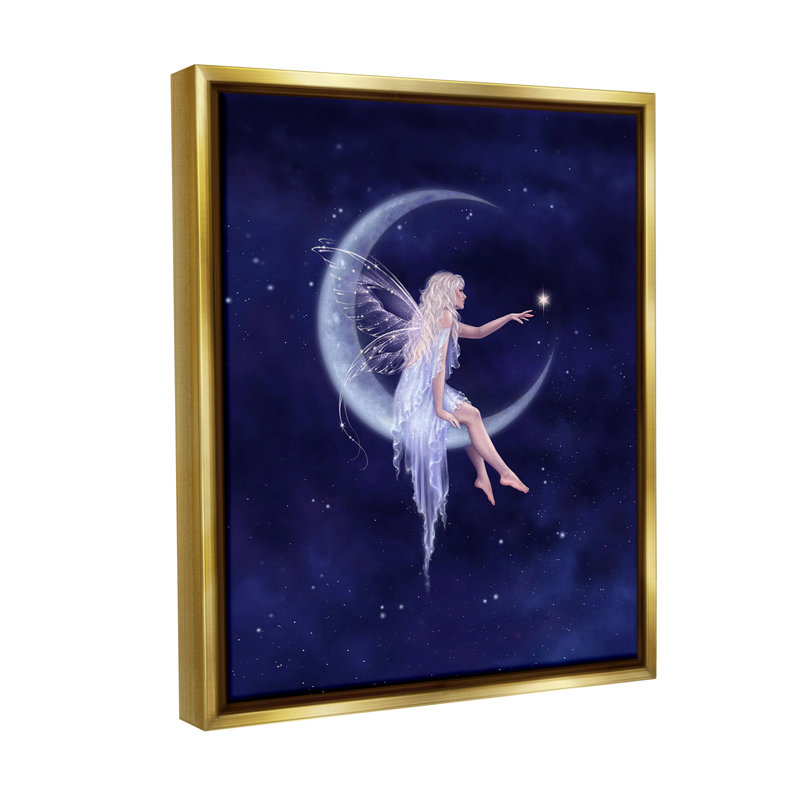"Fairy And Crescent Moon" par Rachel Anderson sur toile, Cadre flottant métallique doré, H 31 po x l 25 po