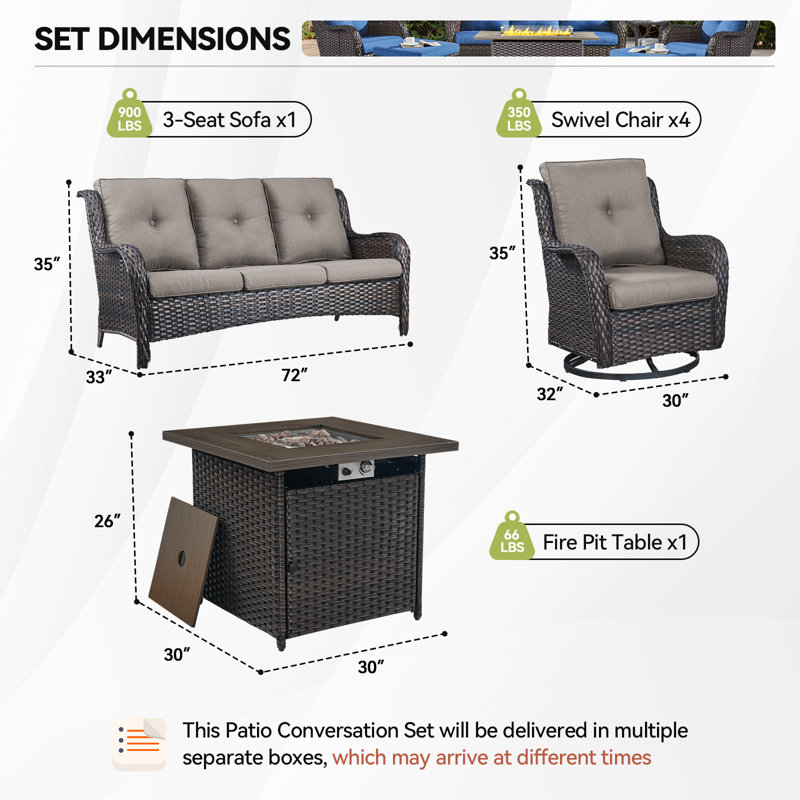 Wendye 6-Piece Outdoor Sofa & Chair Set With 4 Swivel Chairs, Fire Pit Table, Brown, Gray