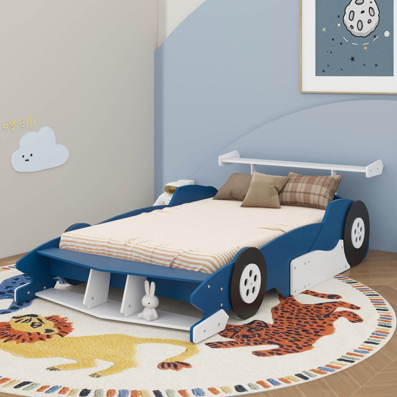 Lit plateforme avec roulettes et rangement Race, Lit double, Bleu