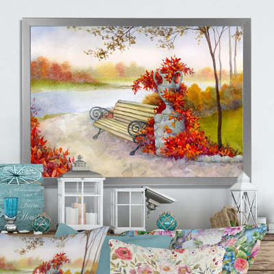 «Romantic Bench in Autumn Park», reproduction de cadre photo sur toile