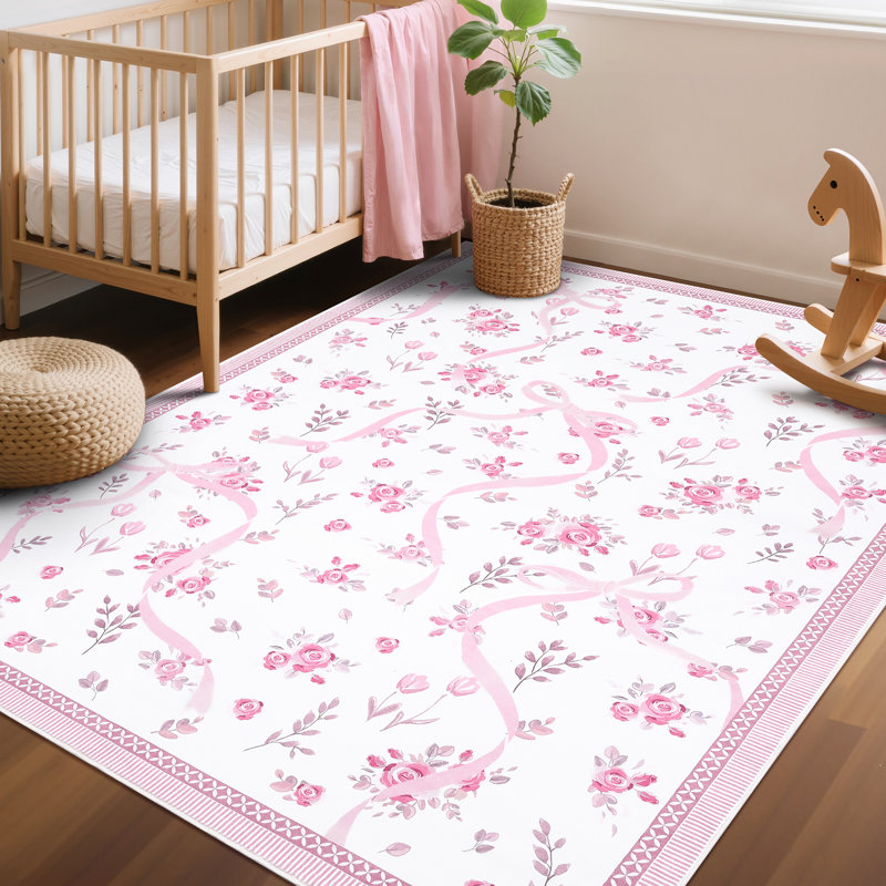 Tapis décoratif lavable, Rose/Blanc, Rectangle 3' x 5'