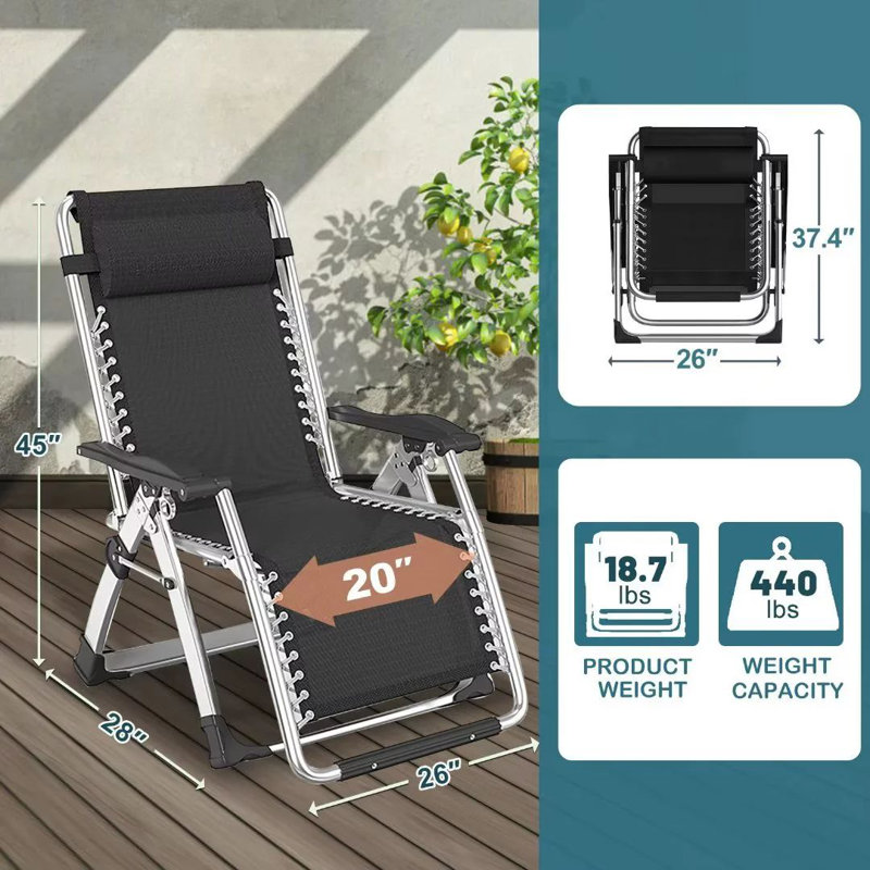 Zero Gravity Chair, Foldable Lawn Recliner with Cushion, Headrest, Cup Holder, Dark Gray