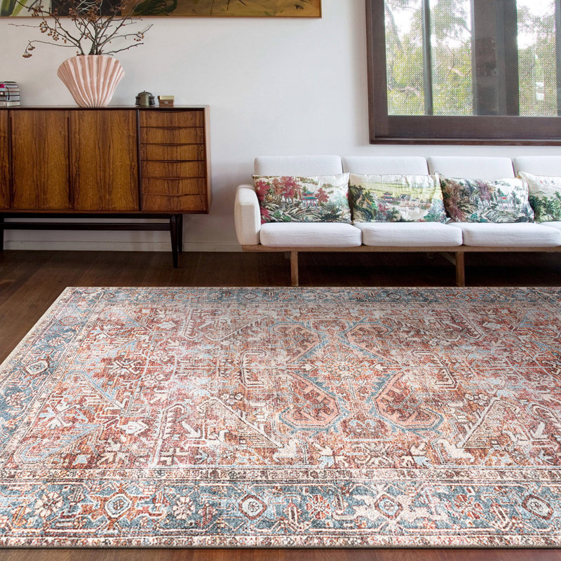 Tapis rouge / bleu lavable à la machine Kromer Medallion, Tapis de couloir 2 pi 6 po x 10 pi