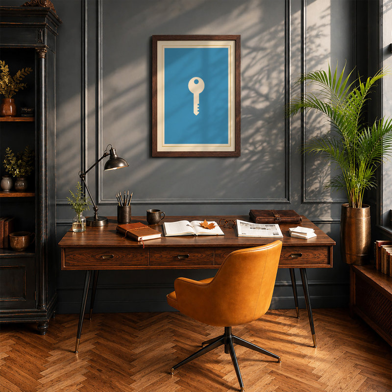 Skeleton Key Minimalist - Framed Print, A4 - 29.7 x 21.0 cm, Walnut