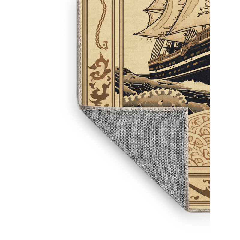 Machine Washable Mendon Historic Tall Ship Traditional Oriental Rug in Beige – Beige Binding, 2x5