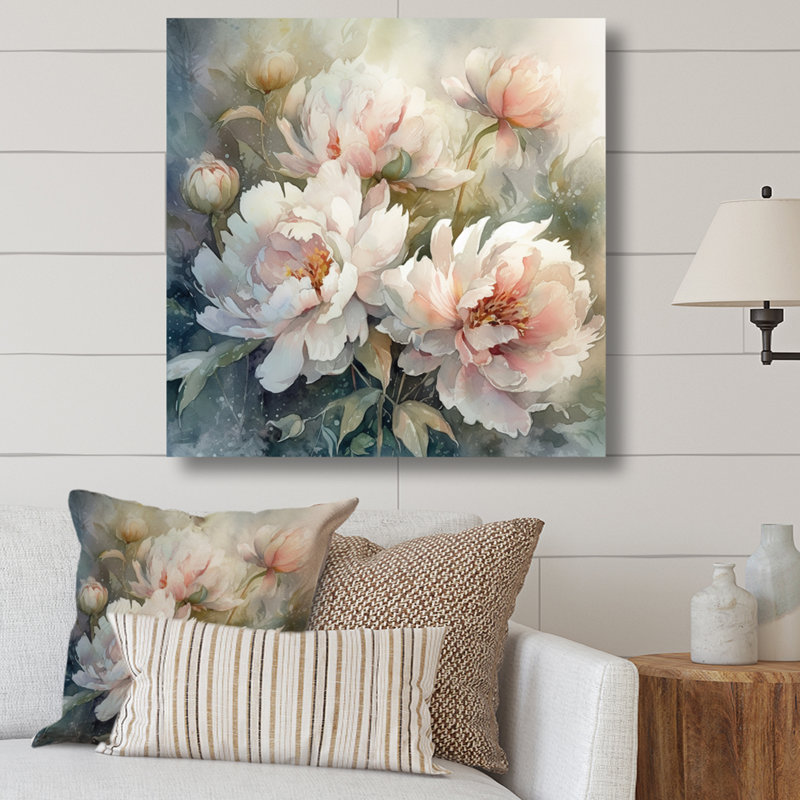Pivoines roses et vertes sur une branche II - pivoines, art mural, H 30 po x l 30 po x P 1 po, Toile tendue