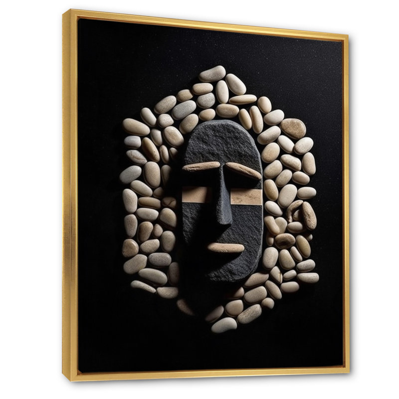 Masque tribal africain noir et blanc II - reproduction sur toile, H 32 po x l 16 po x P 1 po, Cadre flottant doré
