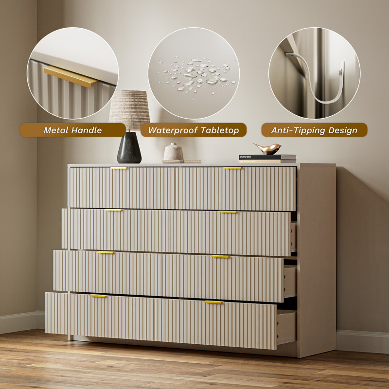 Commode double 8 tiroirs, l 55 po , Beige