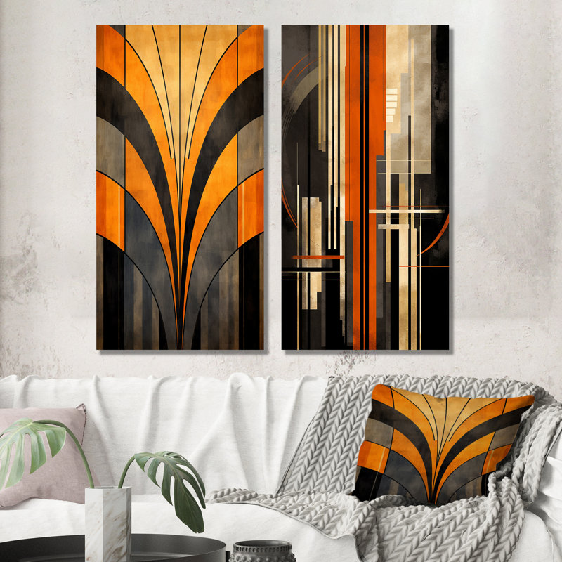 Ensemble de 2 vecteurs orange et gris - formes abstraites, art mural en métal, H 28 po x l 24 po