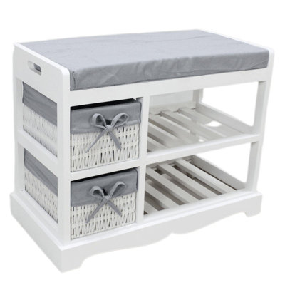 Knutson Fully Assembled Wooden Hallway Bench 2 Basket 2 Shelf Storage Cushioned Top