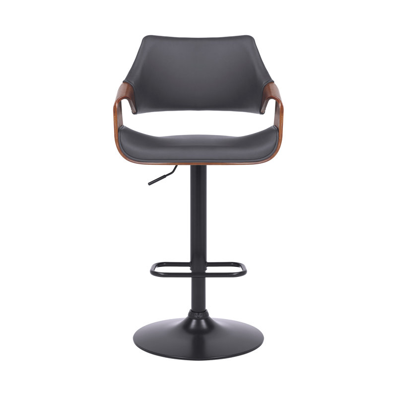 Afshar Swivel Adjustable Height Bar Stool with Pedestal Base in Faux Leather, Wood and Iron, Black, Grey Faux Leather