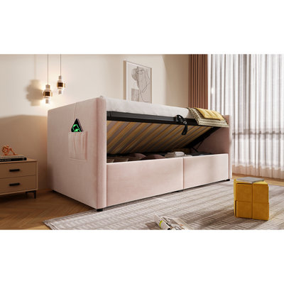Lit de jour simple en velours rose, cadre de lit avec rangement hydraulique et charge de type C, lattes en bois et conception de sommeil tranquille