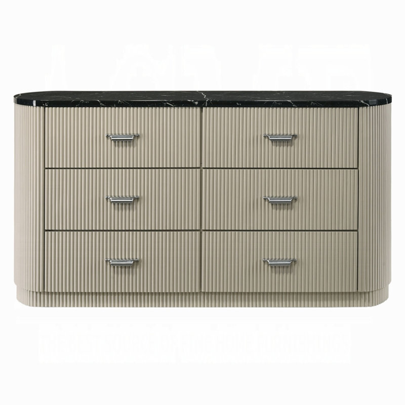 Commode Trex, 63 po, 6 tiroirs à roseaux avec plateau en faux marbre noir, beige