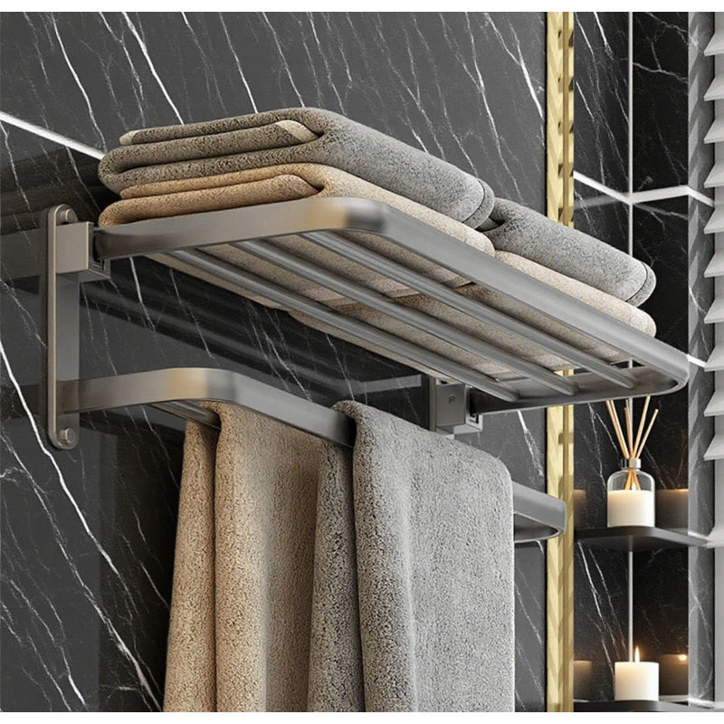 Porte-serviettes de salle de bain peu encombrant avec conception pliable - Tablette porte-serviettes à 2 niveaux pour la salle de bain, la salle de lavage ou le couloir - Facile à installer avec fixation à vis