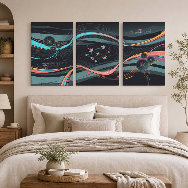 Ensemble de 3 toiles murales abstraites aux lignes fluides cyan et orange, H 30 po x l 20 po x 3 pièces