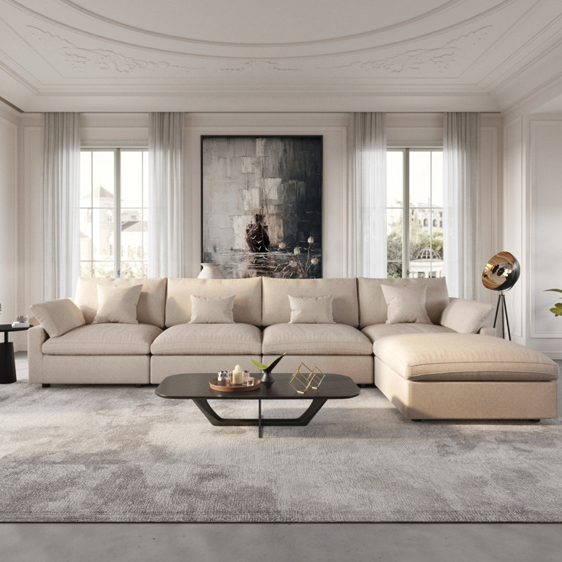 Slipcovered Upholstered Modular Sofa With Ottoman, 29.53" H x 155.9" W x 77.95" D, Khaki