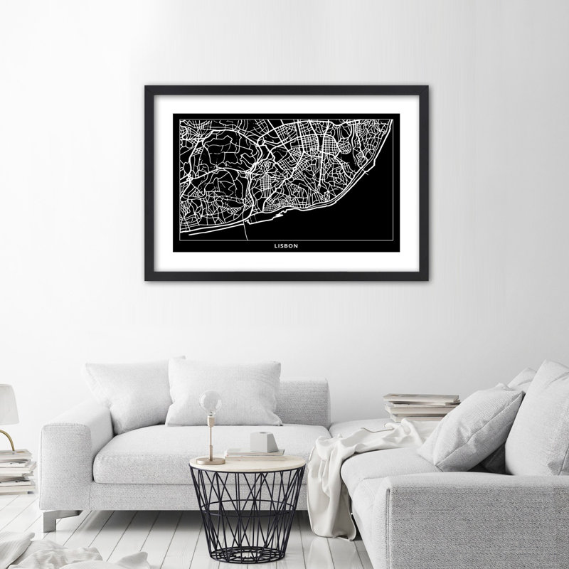 Lisbon City Map - Single Picture Frame Print, Black, 70cm H x 100cm W
