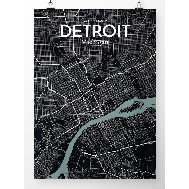 « détroit city map », reproduction d’impression sur affiche en minuit, H 17 po x l 11 po