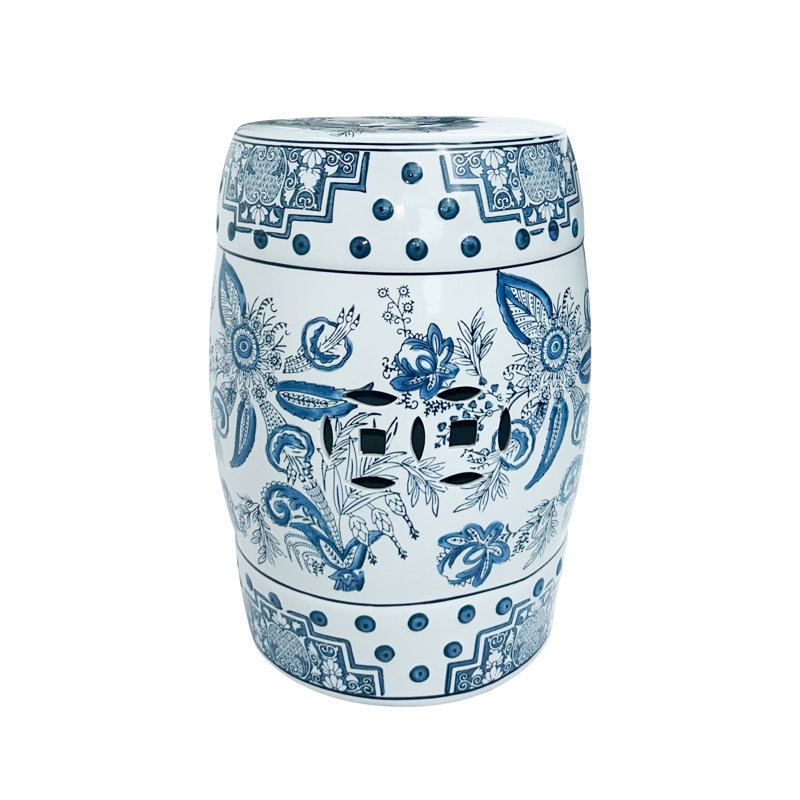 Tabouret circulaire en céramique à motif floral, Bleu
