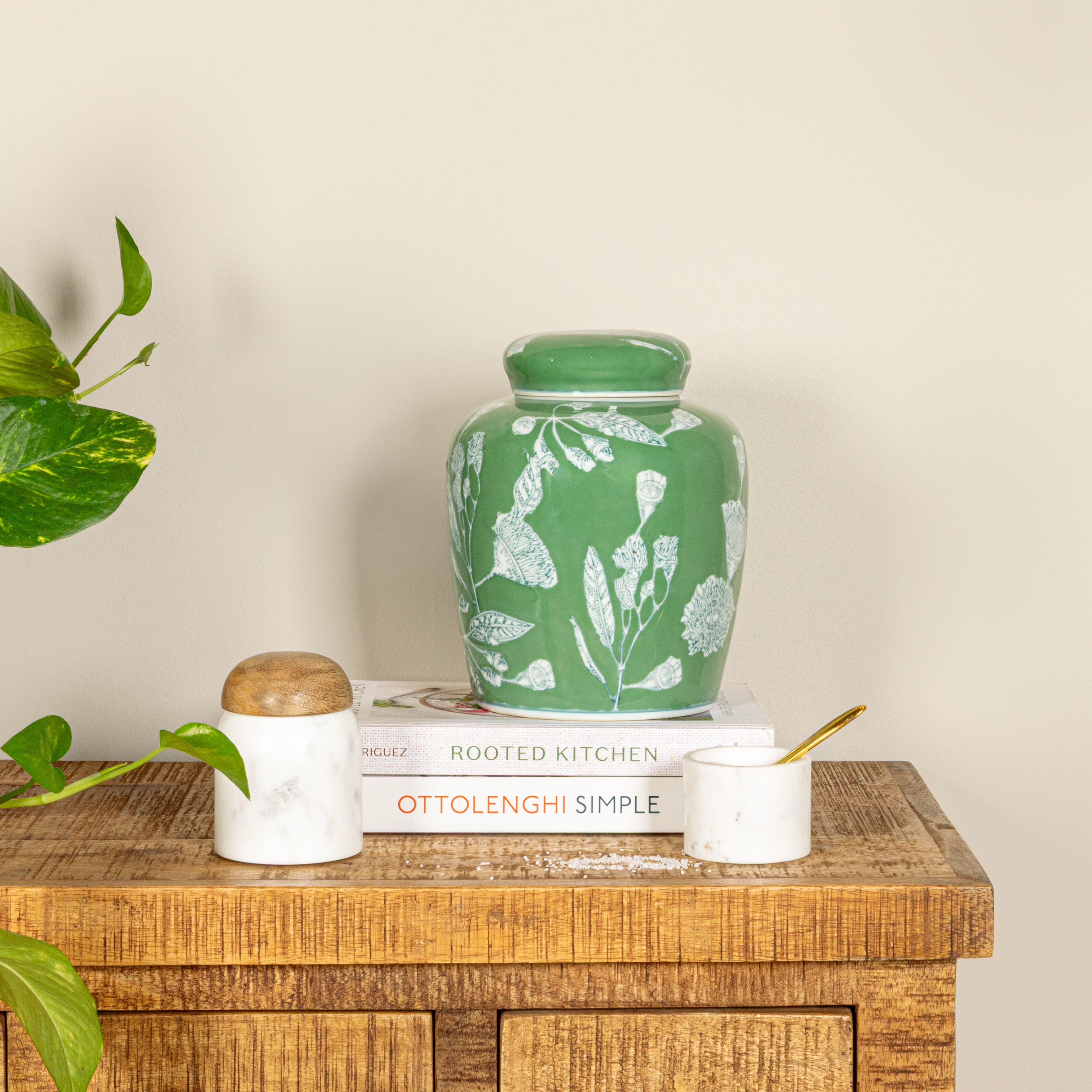 Decorative Ceramic Ginger Jar with Lid - Green