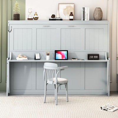 Lit escamotable gris Queen avec vérin hydraulique et fonction bureau, gain de place pour les petites chambres, cadre robuste, compartiment à matelas intégré, charnières de 25 cm (10 pouces) pour un rangement optimal, compatible avec les appartements et le cadre.