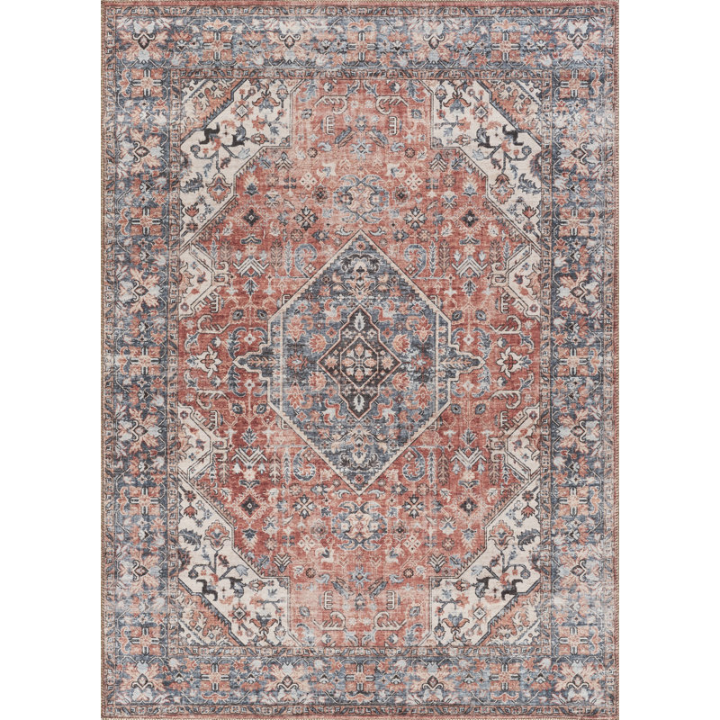 Ellerbe Oriental Vintage Look Machine Woven Polyester Indoor Area Rug in Blue Red Pink Ivory, 7'10"x10'6"