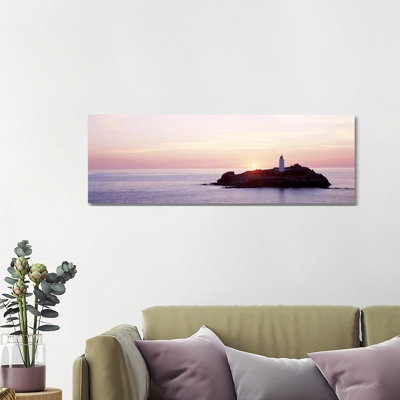 Sunset, Godrevy Lighthouse, Cornwall, England, United Kingdom by Panoramic Images - Wrapped Canvas Panoramic Print