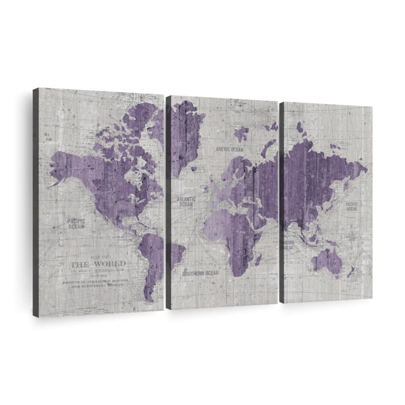 «Old World Map», impression murale sur toile mauve et grise, H 24 po x l 38 po x P 1,25 po