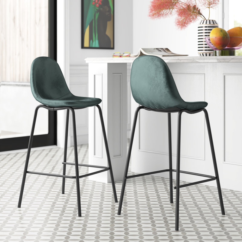 Lazio Velvet Bar Stool with Iron Legs, Green, Counter Stool (24.02'' Seat Height )