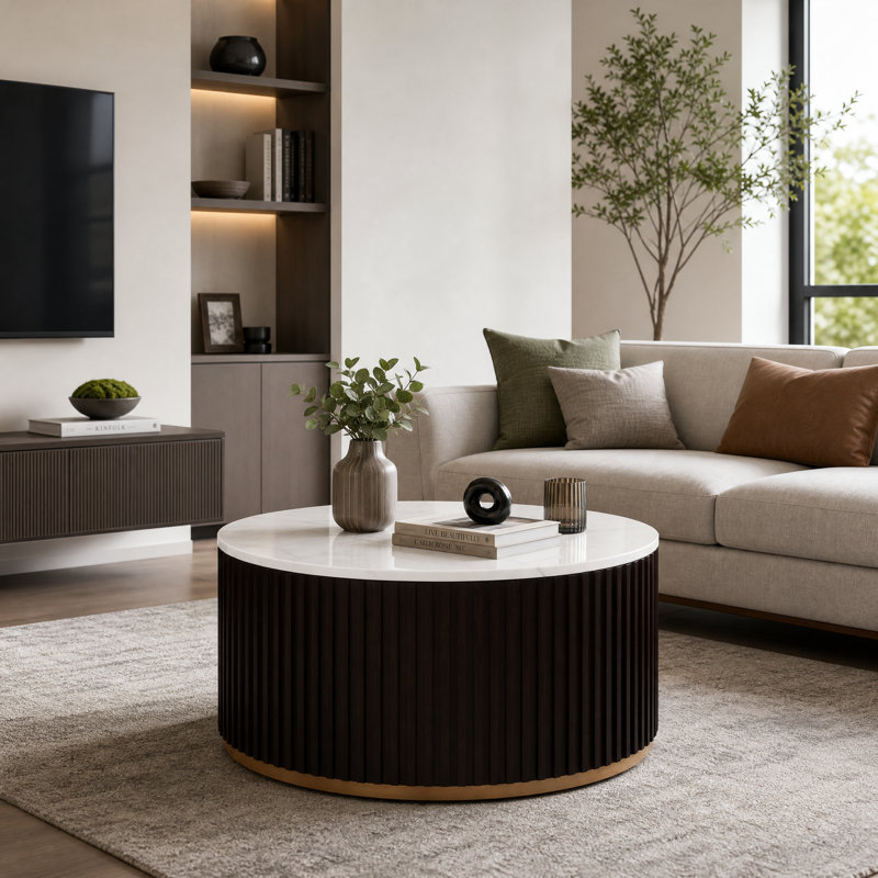 31" Round Coffee Table with Storage, Faux Marble Top Drum Coffee Table