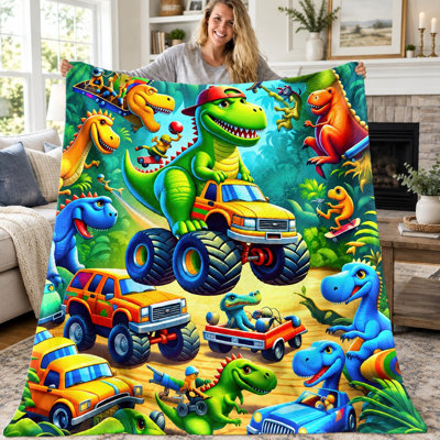 1pc Dinosaur Monster Truck Throw Blanket, Cute Cartoon Dinosaur with Cars Flannel Blanket, Fun Jurassic Park Inspired Blanket for Boys Girls Sofa Bed Living Room Dorm Office Travel, Home Decor All-Season Blanket, Machine Washable