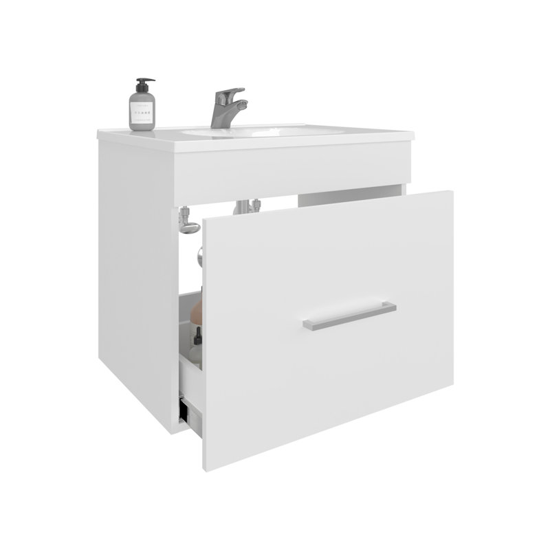 Meuble-lavabo à une porte Hatta, deux tiroirs et tablette ouverte, quincaillerie incluse, blanc, Blanc