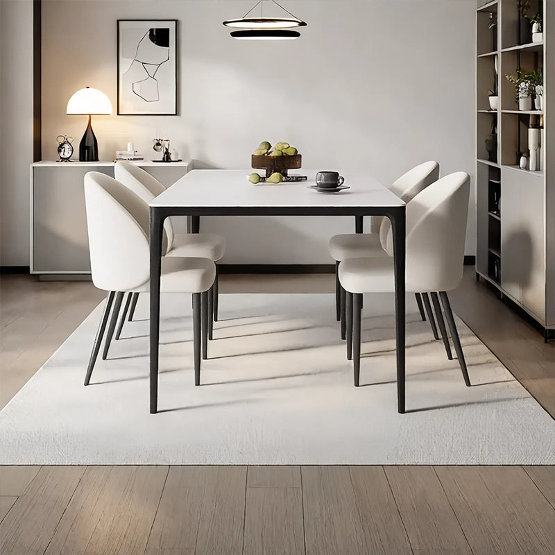 Pure white rock plate dining table and chair set, 29.52"H x 55.11"L x 31.49"W