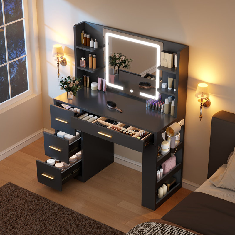 39.3" Makeup Vanity Table With LED Mirror, 4 Drawers, 7 Open Storage Shelves, Black