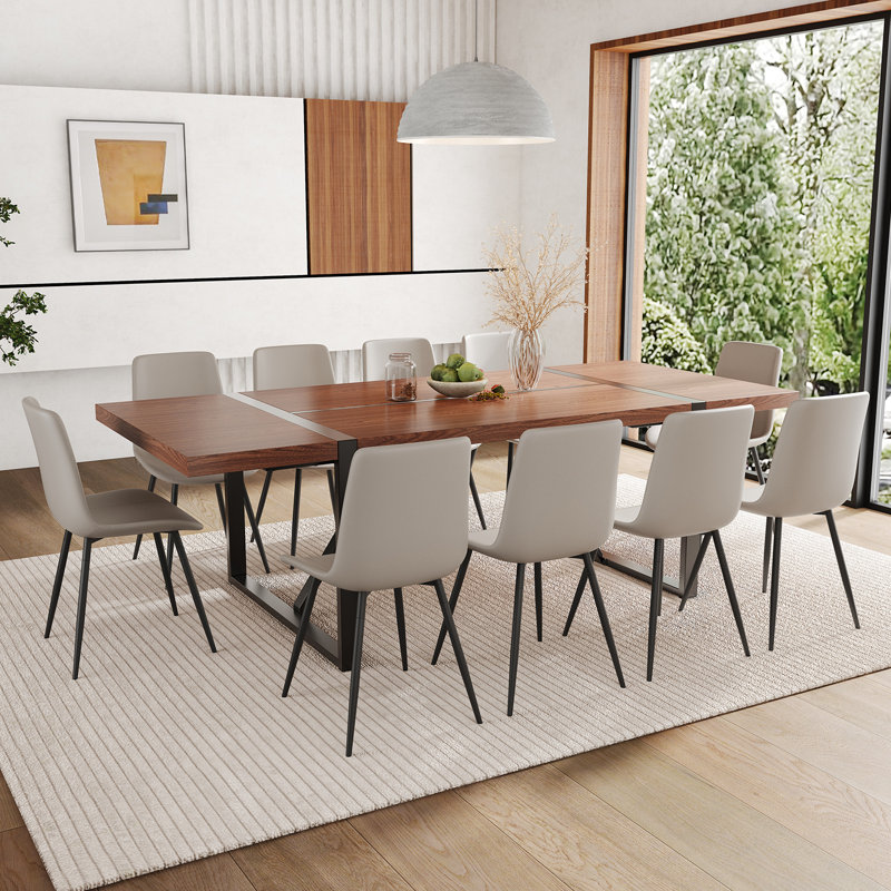 Ensemble de table de salle à manger en bois 87 po avec chaise rembourrée en cuir PU, 11 pièces: table, 10 chaises, Gris