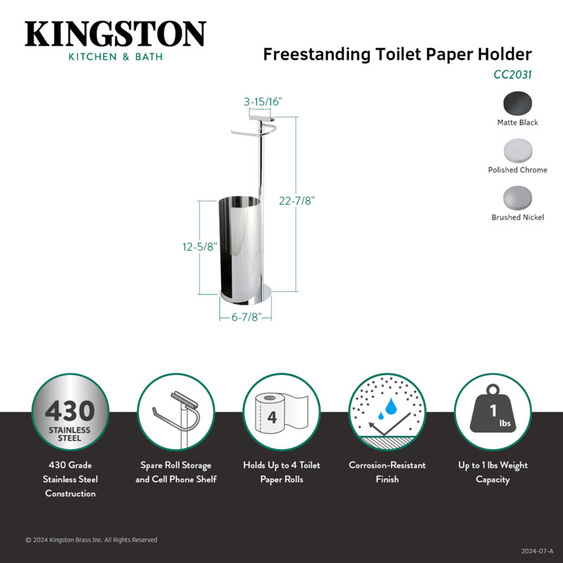 Kingston Brass Continental Freestanding Toilet Paper Holder with Roll Storage and Phone Stand, Silver