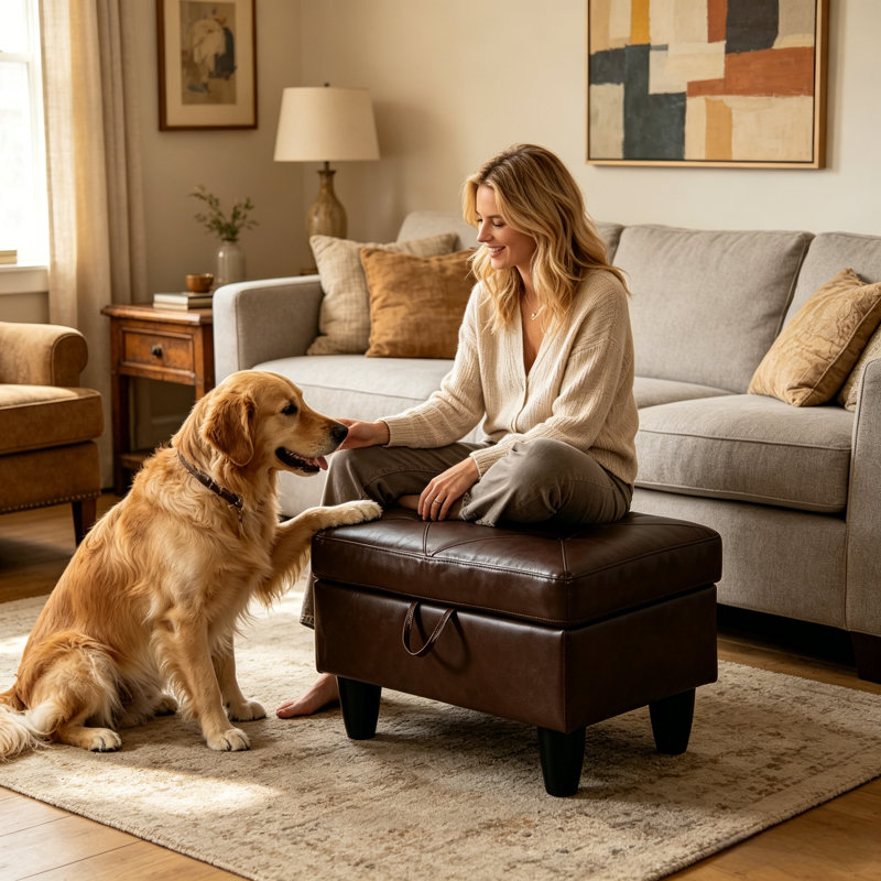 Rectangular Storage Ottoman, Faux Leather Footrest Bench with Hinged Hydraulic Soft Close Lid, 28.5"W x 19"D x 17.5"H Multi-Purpose Ottoman Coffee Table for Living Room Bedroom Entryway, Brown