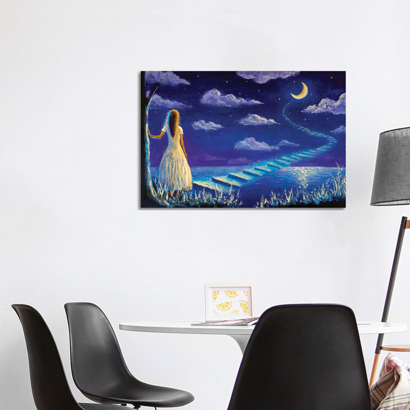 Princess Climbs Magic Steps to Moon in Night Seascape 1 Piece Wrapped Canvas Painting, 101.6 cm H x 66.04 cm W x 3.175 cm D