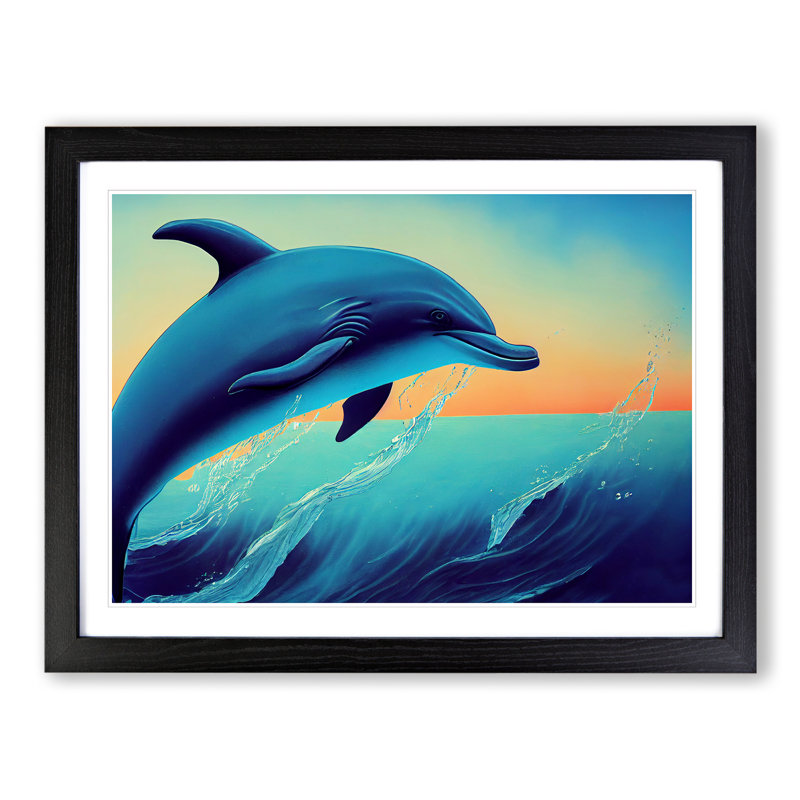 XH1022-2744X Dolphin At Sunrise - Single Picture Frame Painting, Black, 46cm H x 64cm W x 2cm D