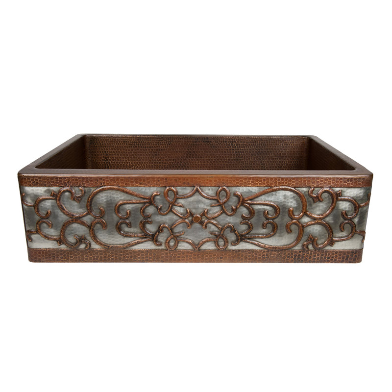 33" Hammered Copper Apron Front Single Basin Kitchen Sink w/ Scroll Design and Nickel Background