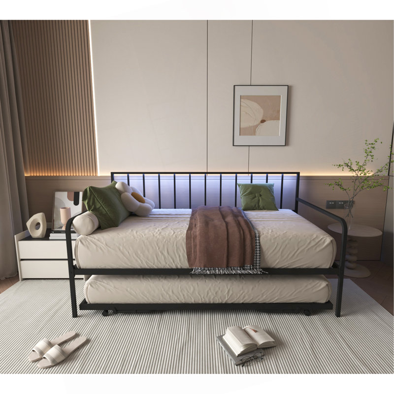 Twin Daybed With RGB LED Lights & Charging Station, Height Adjustable Day Bed Frame With Trundle, Versatile Metal Sofa Bed Frame For Bedroom, Living Room, Guest Room, Black