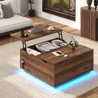 Table basse à plateau relevable de 35,8 po avec lumières DEL et station de charge, table basse carrée moderne en bois pour le salon, grande table centrale multifonctionnelle avec grand espace caché