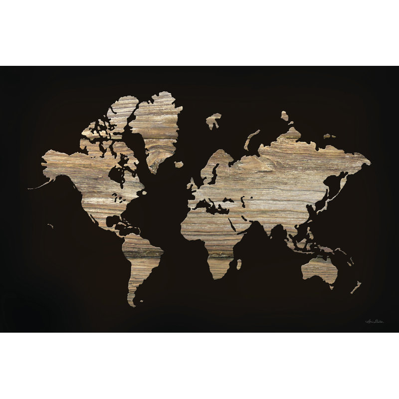 Carte du monde en bois par Lori Deiter, H 24 po x l 36 po, Cadre doré simple