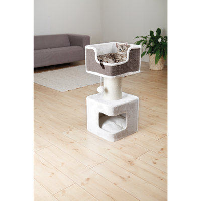 Arbre à chat TTG de 33,9 po Ava de couleur grise avec poteau à griffes pais, maisonnette pour chat, plateforme douillette avec coussin, jouet pour chat suspendu, gris