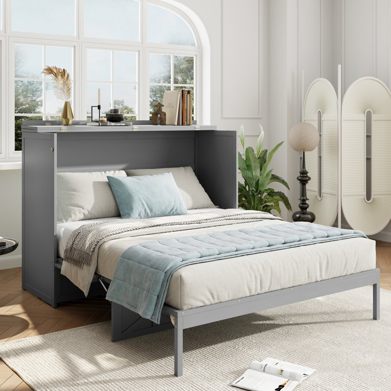 Grand lit, gris brossé, avec deux ports et rangement pour les articles dans le lit avec tiroirs pratiques