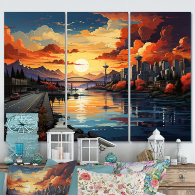«City Vancouver Sunset Popart», reproduction sur toile 3 pièces