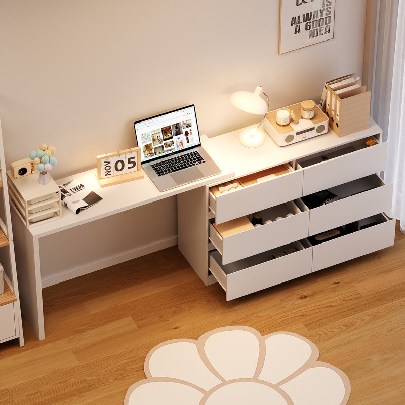 Rotating L-Shaped Computer Desk With 6-Drawer Storage, White