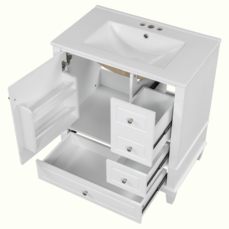 Meuble-lavabo avec lavabo et armoire avec tiroirs, Blanc, Argent argent