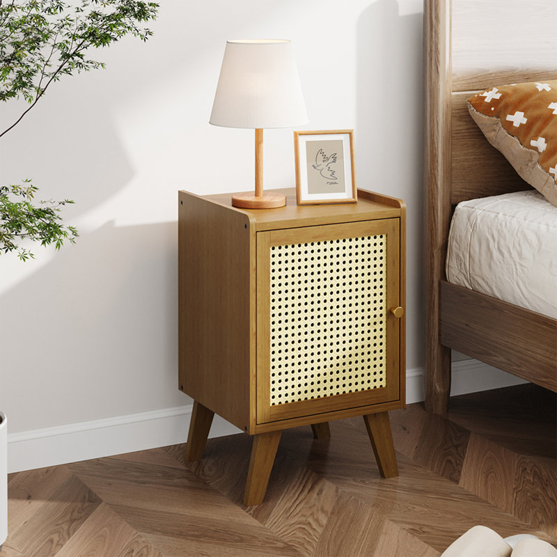 Rattan Door Bamboo Nightstand, Tea Tone Single Cabinet Bedside Table